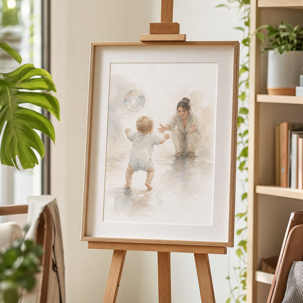 Personalizuotas kūdikio akvarelinis portretas rėmelyje interjere 10