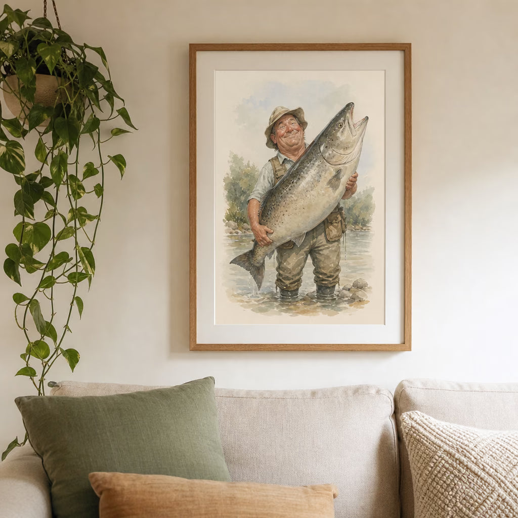 Personalizuota akvarelinė karikatūra rėmelyje interjere 2