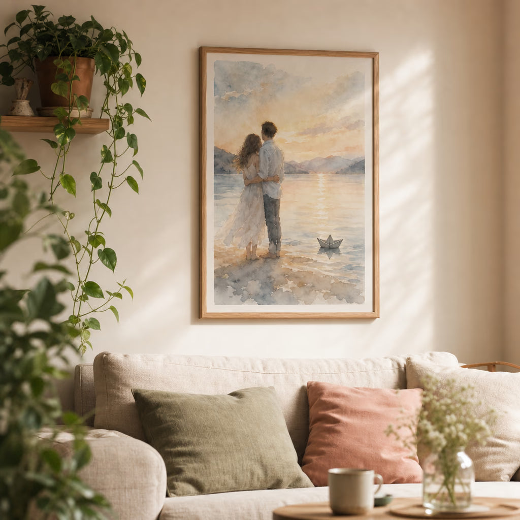 Personalizuotas poros akvarelinis portretas rėmelyje interjere 2