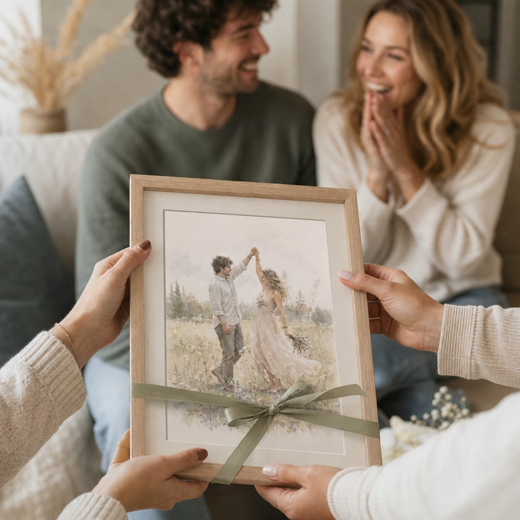 Personalizuotas poros akvarelinis portretas rėmelyje interjere 4